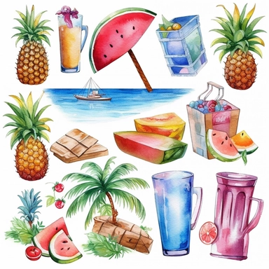 Watercolor summer and beach related items, illustrations clipart set, simple, , cartoon elements ,different variants , separate elements with a margin, net, cup, champoionship, 4k, high resolution