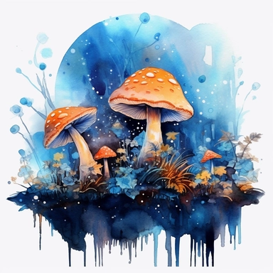 magic fantasy fungi, blue colors, forest, autumn, watercolor, magical, mystical art, clipart