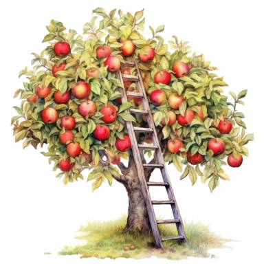 watercolor, hyper realistic, white background, white margins, 16k, ultra detailed clipart, cut out image, hand-drawn a ladder against an apple tree, encapsulating the joy of apple picking