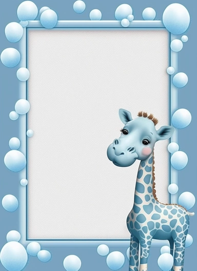 baby frame in blue with giraffe, baby's name and giraffe wrist clipart , in the style of kawaii aesthetic, uhd image, light sky-blue and dark blue, chinese painting, pattern designs, stock photo, fernando botero