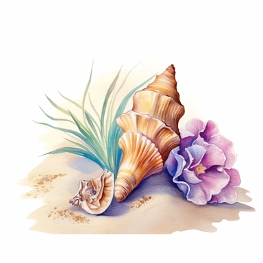hand drawn sandy beach with a conch shell sitting in the sand, orchid bloom beside the conch shell, glamorous, clipart style, detailed and realistic, watercolor, white background with margins