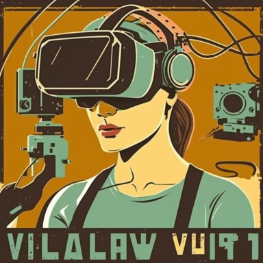 vr headset, virtual reality, industrial worker, woman, poster, learning in vr gogle, repairing machine, simplistic, abstract, vector, 2d illustration, clipart, few colors, industrial, hi-tech
