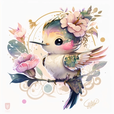 watercolor baby humming bird clipart, full body, chibi, Nursery Art, Nursery Decor, dreamy eyes, magical, high rendering, central focus, scenic background, intricate details, kawaii chibi, by Ross Tran, retro,pink light golden, Cinematic feel, tiger, Tropical,floral, colourfull,