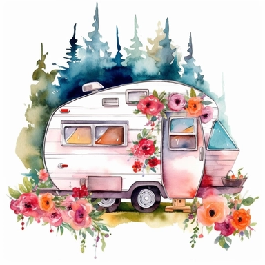 travel camping trailer with cute flowers and trees behinds the backgound clipart watercolor