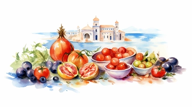watercolor illustration Mediterranean clipart set, bite background, photo-realistic,