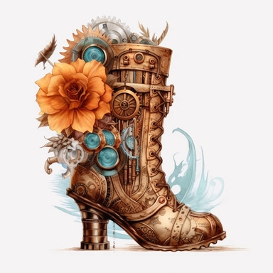 a steampunk style heeled boots with watercolor effect,steampunk style gear wheels,steampunk style,unrealistic,suitable for digital cliparts , fantastic scene , high quality,fantastic scene,feathers