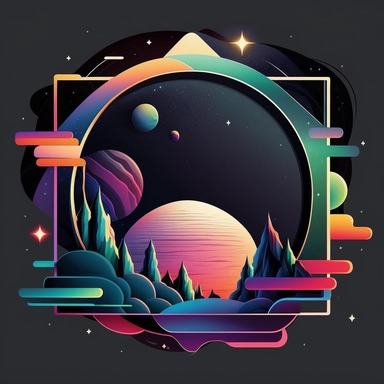 logo, geometric frame, vector, clipart, modern, northern lights, planets, outer space, cartoon, clean lines,