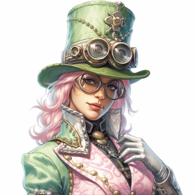 Half-length depiction of a beautiful steampunk lady with a magnetizing gaze, looking at the viewer. Dressed in pastel green and pink Victorian attire adorned with brass accents. Her skin is a stunning white hue, and she exudes confidence and strength. Her steampunk hat, featuring built-in goggles, complements her outfit perfectly. The background is free of steampunk elements. Pastel clipart, hyper-realistic, retro-futurism, solid white background