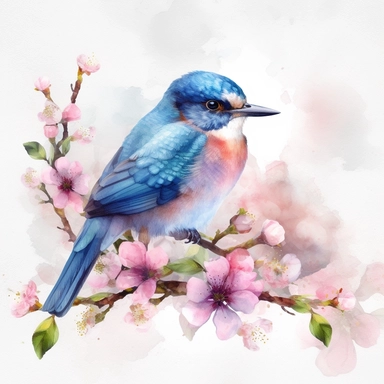 A watercolor illustration of a blue bird on a branch of pink flowers clipart, in the style of instant film, frieke janssens, adrianus eversen, pictorial fabrics, cute and dreamy, cherry blossoms, uhd image on white background
