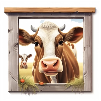 Cute Beautiful Happy Face Cow Outside The Window Sublimation Clipart ,Cartoon,hyper realistic, intricate detail, illustration style,high solution,on the white background