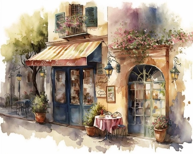 Clipart, Watercolor painting, coffee shop, As the gentle breeze carries the faint scent of freshly brewed coffee, you find yourself captivated by the scene before you. Nestled among a quaint street lined with charming buildings, a picturesque cafe comes into view. The outdoor seating area beckons with its rustic charm, adorned with wrought-iron chairs and tables adorned with vibrant potted flowers. The centerpiece of the cafe is an intriguing structure, an architectural marvel that combines clas