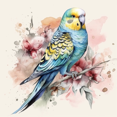 budgie bird,watercolour style, colourful, rainbow, watercolour, isolated solid background, pretty, floral, clipart, include branch and flowers--no watermark, text, words, paintbrush, typography