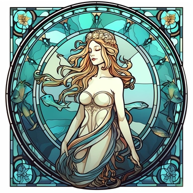Stained Glass Aquarius Queen Sublimation Clipart,Cartoon,hyper realistic, intricate detail, illustration style,high solution,on the white background,