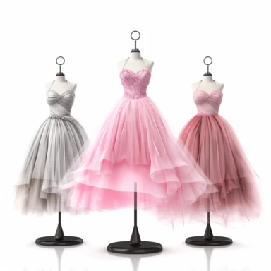 2d illustration of 4 prom dresses, fashion illustration, clipart, illustration, spaghetti strap dress with ball gown petticoat, pink tulle, on mannequin, white background, 360dpi, chaos 90