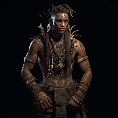 a man wearing tribal clothing and doll head necklace post apocalyptic, unreal game engine style, different poses, detail, clipart, black background, one of a kind--ar 16:9