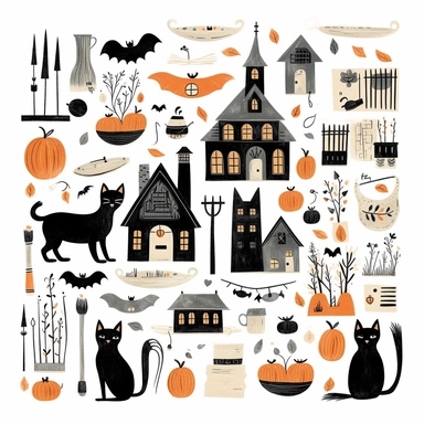 whimsical halloween clipart set, black cat, pumpkins, candles, sweets, ghosts, bats, spiders, haunted house, Minimal vintage, highly detailed, white background