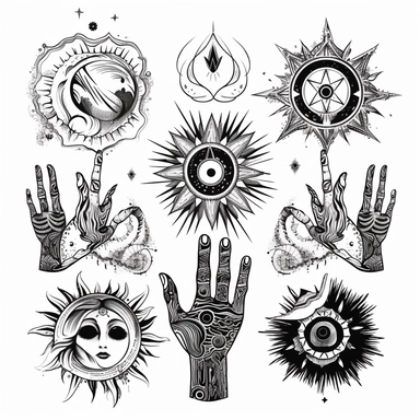 Mystical witch hands with evil eye and moon phases isolated clipart, celestial boho hands holding the third eye, silhouette esoteric symbols, black and white vector stock illustration