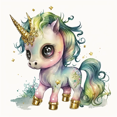 fantasy baby unicorn, clipart watercolor illustration, aquarallist, cute, big eyes, pretty green, unicorncore, fairycore, free brushwork, watercolor, light and bright, four legs, gold horn, sparkle, skarklecore, detailed, isolated on a white background,