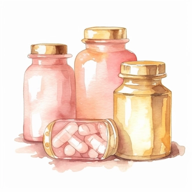 sweet pink and gold hand-painted in watercolors, pill bottle clipart, medicine pill clipart, medicine tablet clipart, isolated white background, single design, sharp, bold , sweet pink, cream, gold, hand-painted watercolor