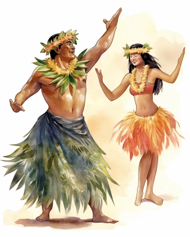 delicate watercolor pastel clipart of a Hawaiian hula dancer dancing in front of a king