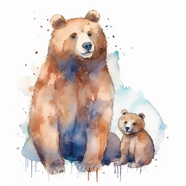 Watercolor relaistic animals, cute baby grizli bear with father clipart, white background, no caption, no text