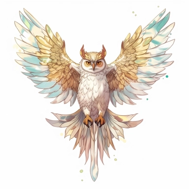 an owl with flying wings, an art piece and some watercolor, in the style of wallpaper, light white and light brown, colorful anime aesthetic, golden wings, dreamcore, animal figurines clipart white background