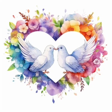 rainbow watercolor clipart of wedding doves kissing inside a floral heart wreath, colored ink illustration, good composition, vector, contour, isolated white background, 26k