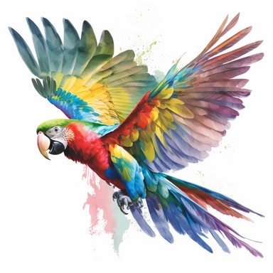 a colourful parrot flying, clipart format, watercolour, full white background