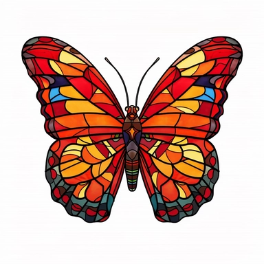 A stunning clipart of a red-dominated stained glass butterfly, showing off fiery and vibrant hues in a hyper-realistic style white background