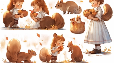 squirrel and Acorn, Little girl exploring, character sheet, illustration for book, children's book, 2 clipart, fiorucci angels, beautiful decoupage paper, pastel colors, white background clipartm, fantasy art, squirrel ears, perfect eyes, detailed body, Watercolor Clipart, strybk, full Illustration, 4k, sharp focus, watercolor, smooth soft skin, symmetrical, soft lighting, detailed face, concept art, watercolor style, strybk, children's style fairy tales, chibi kawaii, Octane rendering, 3d. Perf