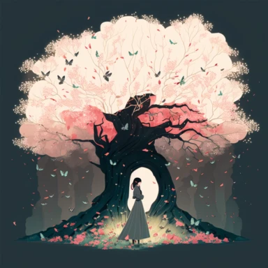 in the style of Ryo Takemasa, xuan loc xuan, Lisa Audit, Anastasia Suvorova, Jon Klassen, greg tocchini, single lady under sakura tree at night, fantasy, limpid, magical, mysterious, white background, vector, clipart, elaborate, ultra-detailed, best quality illustration, vibrant colors, high definition, UHD