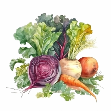green cabbage, carrot, beet, pumpkin clipart on a white background, all items are isolated from each other on a white background, watercolor illustration Beatrix Potter, high quality, photorealistic highly detailed watercolor painting