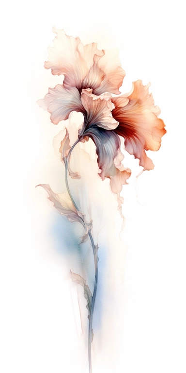 Watercolor Painting of SINGLE STEAM WILD FLOWER on white background beautiful multi - headed pale, Flora Design Patterns, Flemish Baroque by Rachel Ruysch, Behance, Rococo, Intricate Detailed, Soft Light Effect, Oil Paint Strokes, Light Academia Aesthetic Flowers, Lighting cinematic, all shown shimmering stamens, tyndall light, light effect, texture, colorful, 8k, fantasy, ray tracing, depth of field, vivid, spectacular lighting, octane rendering, highly detailed, ultra - realistic, white backgr