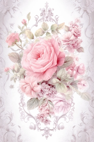 Vintage shabby damask clipart vignette with delicate floral patterns along the sides and corners of the image, small cute bright oil painting vignette with beautiful roses and blooming lilacs, light pastel tones in the center of the image,