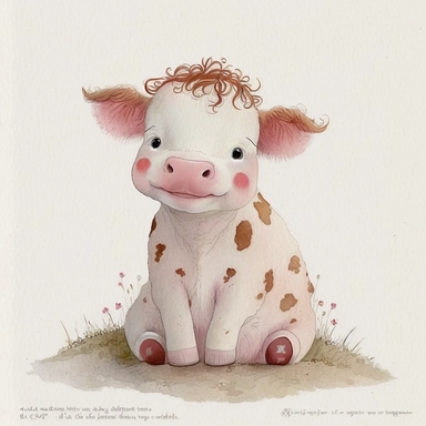Cute - french style sitting baby cow smiling clipart, pink red hairclip in her hair, 1960, in the style of realistic watercolors, childlike innocence and charm, adorable eyes, rosy cheeks, shy posture, feminine sensibilities, realistic drawing in storybook illustration, pencil drawing by Angela Barrett, Elsa Beskow 300 DPI, valentines day themed, white background