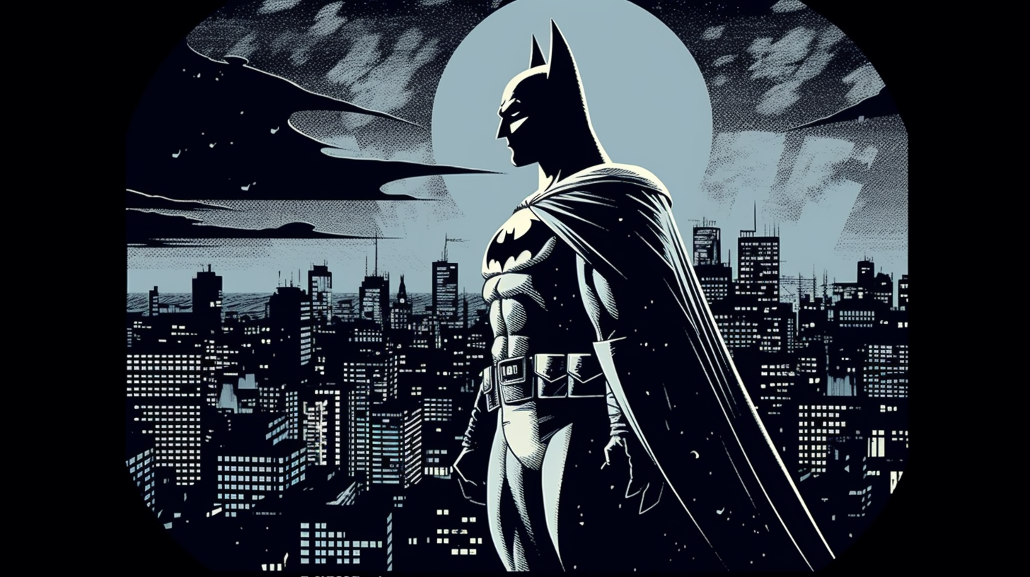 isotype icon illustration of Batman in a moonlit Gotham city scape