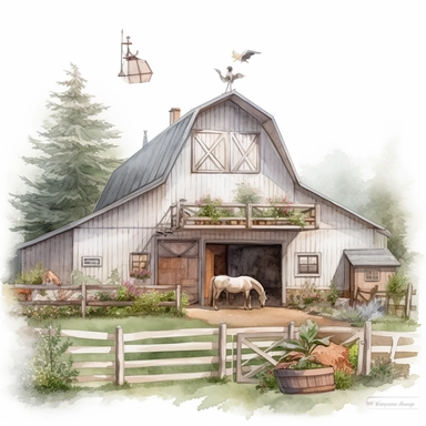 pretty white painted barn clipart, painted white, pretty charming farmyard setting with plants trees and farm accessories, fence, detailed watercolor illustration, light color palette, farmyard accessories, isolated on white background