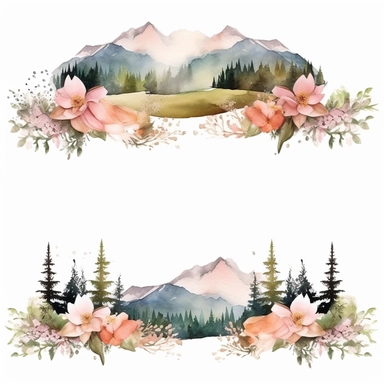 watercolor forest mountain clipart banner for clipart digital shop online. Theme is light colored with florals around them a landscape banner
