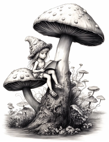 three quarter shot of a hand drawn coloring page of Beautiful Cute baby fairy with wings standing on a mushroom reading a book , Style by artist thomas w. schaller, clipart, no background