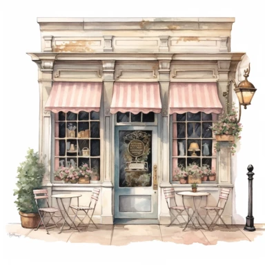 A charming little café with a pastel-toned façade, ornate window detailing, and delicate roses spilling from window boxes. A lone bistro table offers a quaint spot for a morning coffee. Watercolor Cafe Storefront Clipart, hyper-realistic, hyper-detailed, white background