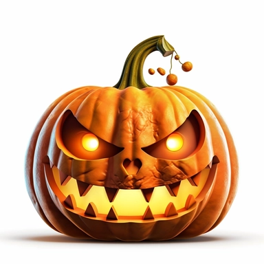 Jack-o'-lantern with a wide grin and glowing eyes, white background, clipart