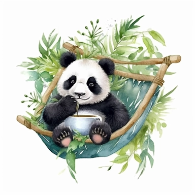 Clipart, watercolor, white background: A baby panda lounging on a hammock, enjoying a lazy day in a peaceful bamboo forest.