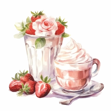 watercolor clipart illustration of milk coffee, with dessert with cream and strawberries, on table in rose garden, summer bright day, white background