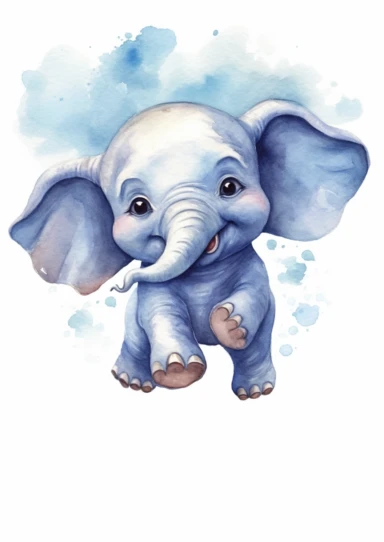 blue elephant nature watercolor playing jumping happy, clipart two-dimensional neutral colors for kids simple drawn childish cute illustration sweet--upbeta