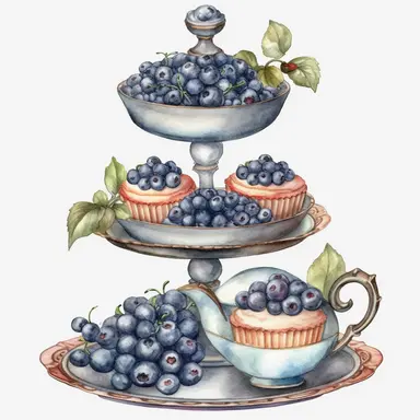Watercolor blueberries Farmhouse tiered tray, breakfast window , watercolor clipart, details
