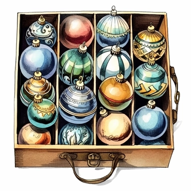 Ella bailey watercolour illustration with black gel pen outline style box of vintage christmas ornaments, high definition, 8k, insanely detailed, fine detail, sharp focus, illustration, white background, isolated clipart vector