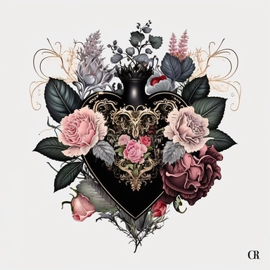 <https://s.mj.run/9tV4APT6Ydk> dolce & gabbana illustration clipart of gothic black diamonds gothic anatomy heart with flowers, pink color palette, white background,