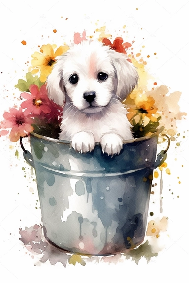 puppy in a bucket surrounded by flowers, in the style of 2d game art, nostalgic painting, 32k uhd, colorful dreamy watercolor scene, adventure pulp, classical, historical genre scene, rough-edged 2d animation, watercolor clipart, white background