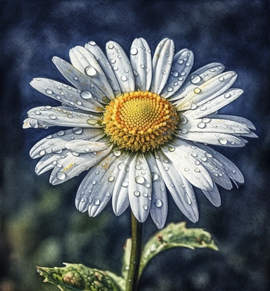 DESIGN A MAGNIFICENT AND EXQUISITE BREATHTAKING ONE-OF-A-KIND HIGH QUALITY HIGHLY DETAILED MASTERPIECE WATERCOLOR CLIPART ILLUSTRATION OF A daisy, white and yellow,, in the style of victorian-inspired illustrations, light indigo and green, dark white and light blue, youthful energy, use of vintage imagery, chalk, jonathan wolstenholme
