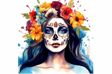 beautiful girl holding a insulin vial, half of her face is a skull, colorful vibrant flowers, watercolor clipart